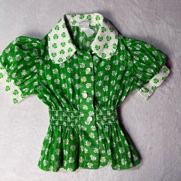 Vtg Cinderella Shamrock Green Blouse White Wide Leg Pants Girls Small Outfit Set - Picture 3 of 10